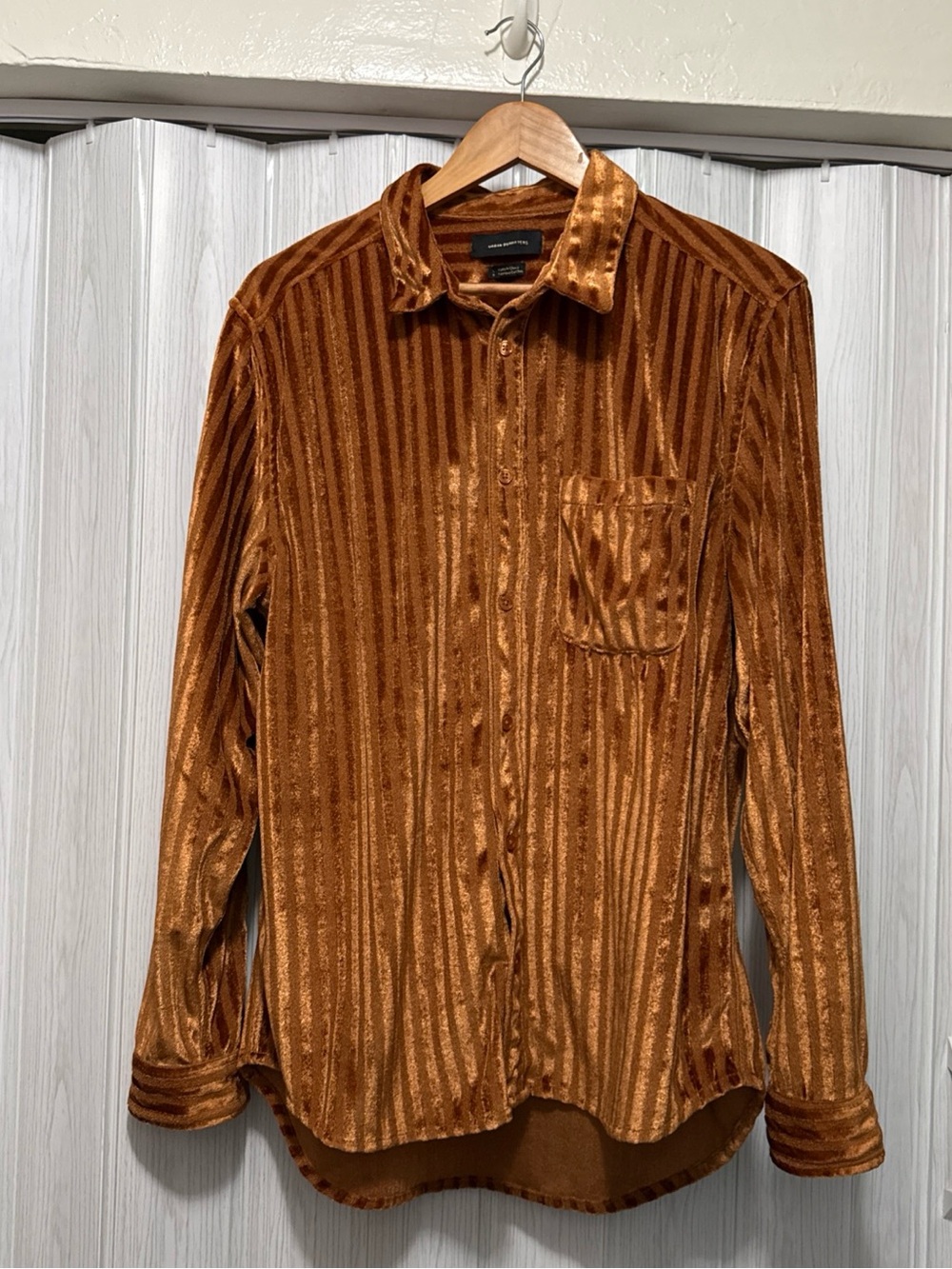 UO Striped Velour Button-Down Shirt Men's Large Amber Rust Velvet Boho Retro